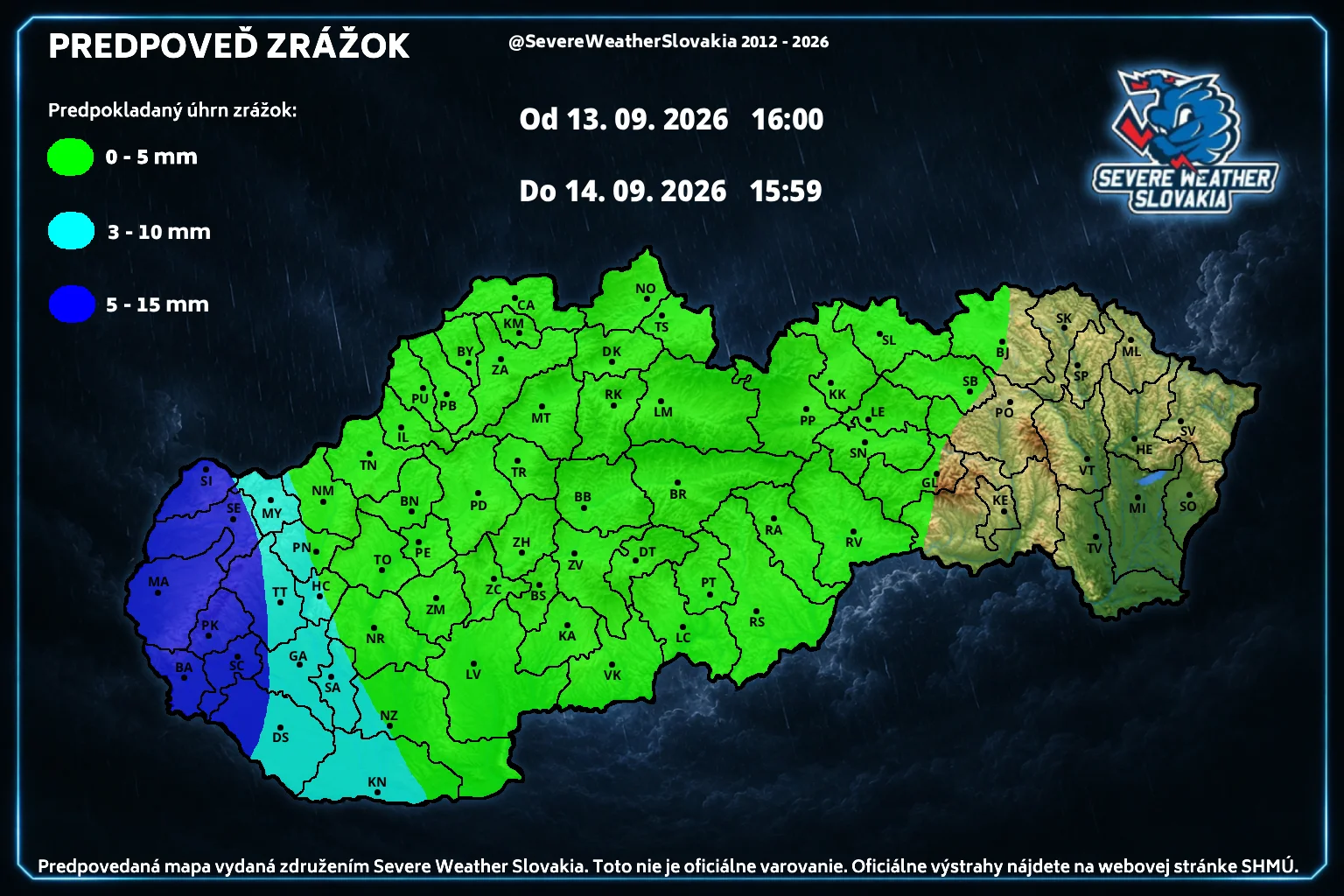 Očakávané zrážky nasledujúcich 24 hodín