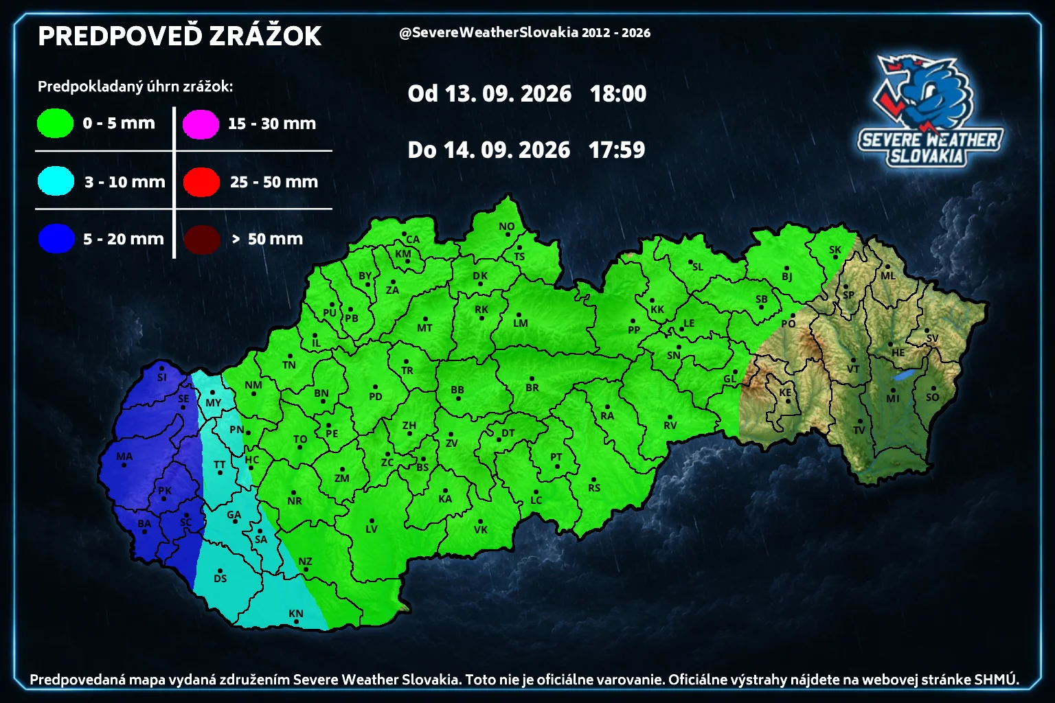 Očakávané zrážky nasledujúcich 24 hodín